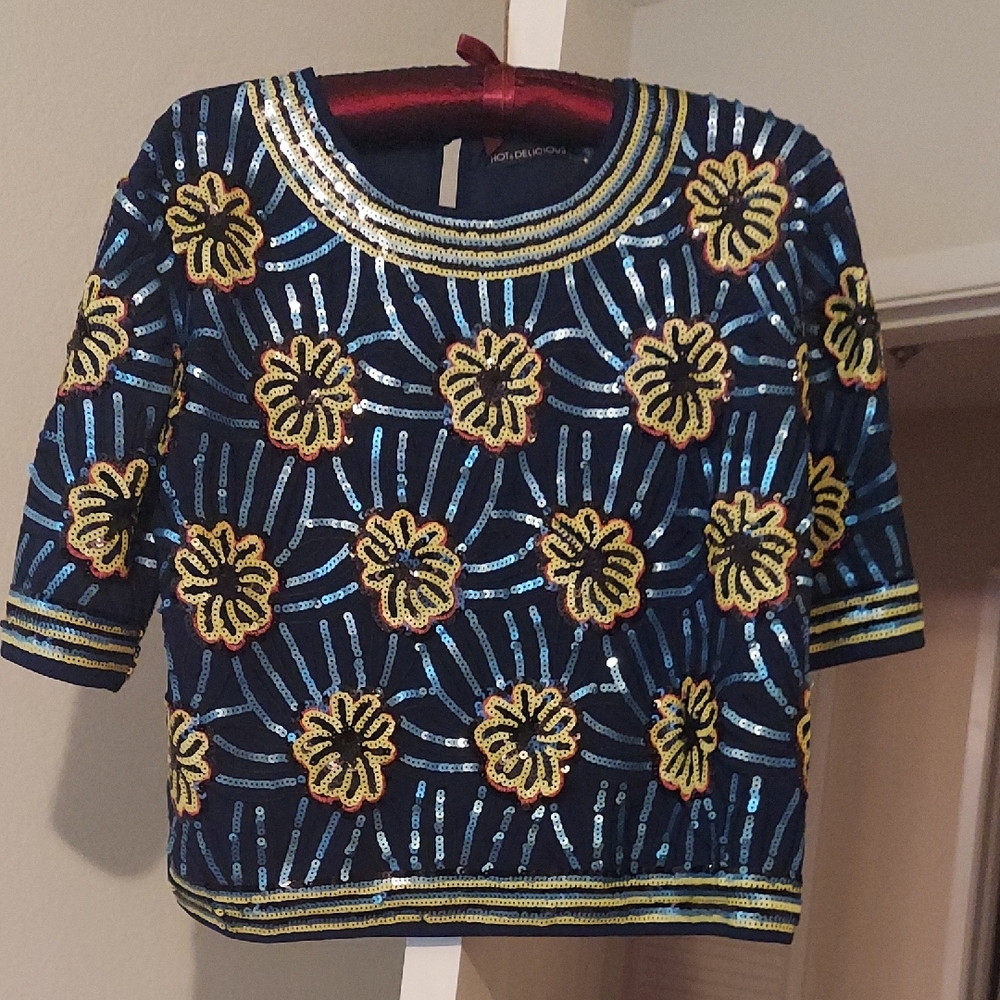 Hot & Delicious Navy Blue Sequin Floral Short Sleeve Top with Gold Accents